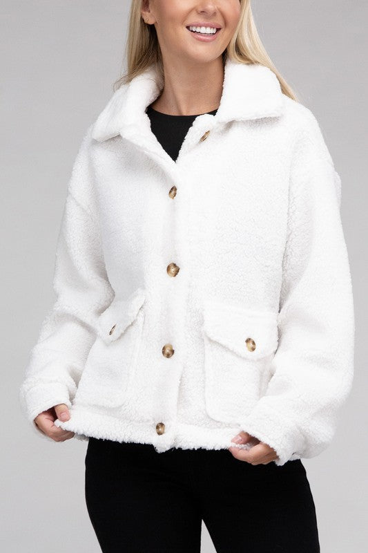 Cozy Sherpa Button-Front Jacket-Teresa&#39;s Fashionista LLC