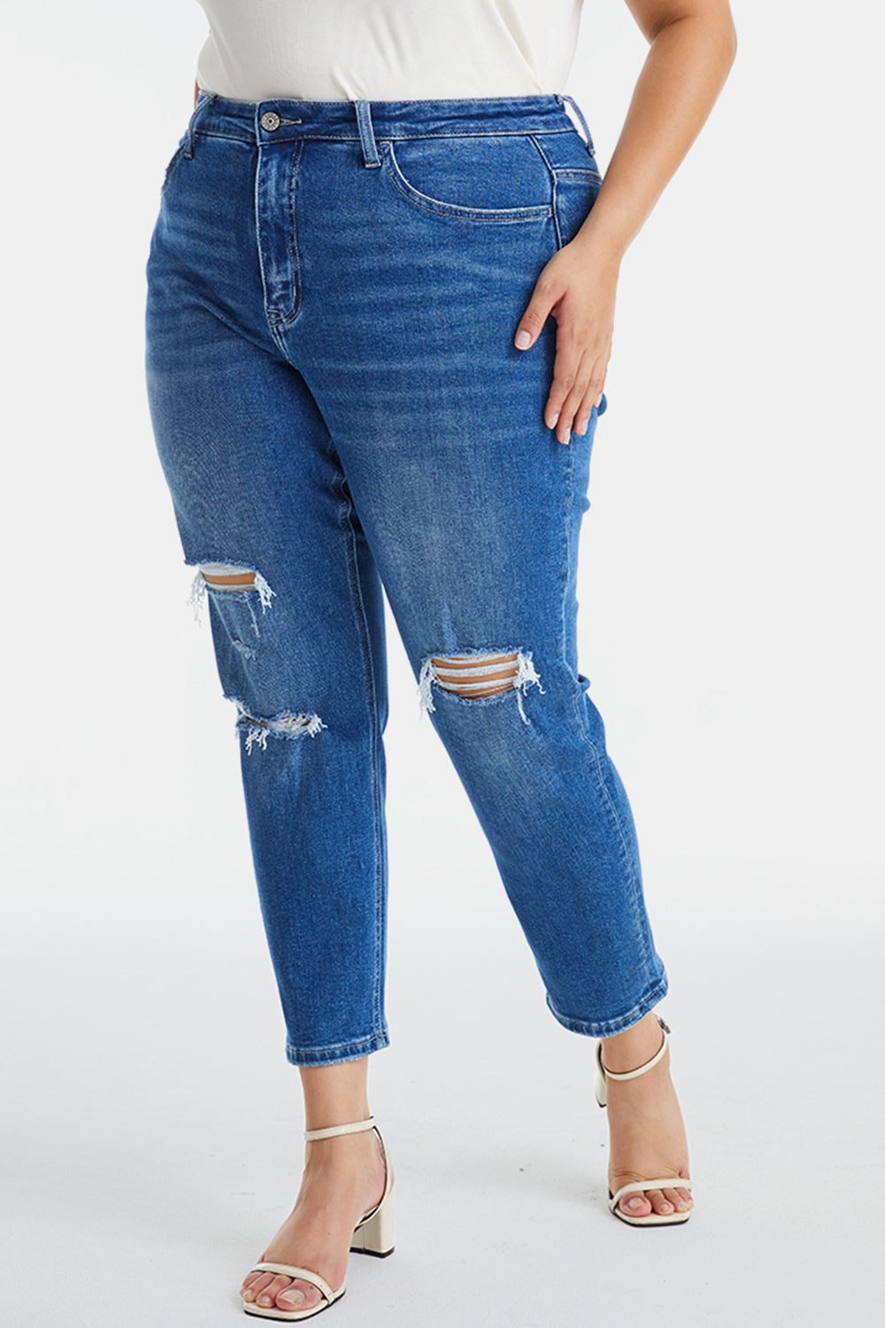 BAYEAS Full Size Distressed High Waist Mom Jeans-Teresa&#39;s Fashionista LLC