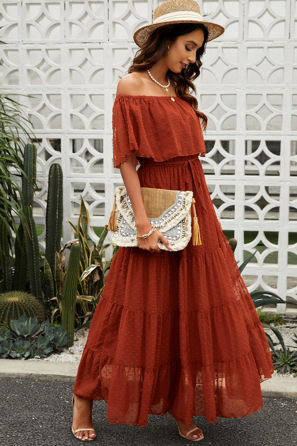 Swiss Dot Off-Shoulder Tiered Maxi Dress-Teresa&#39;s Fashionista LLC