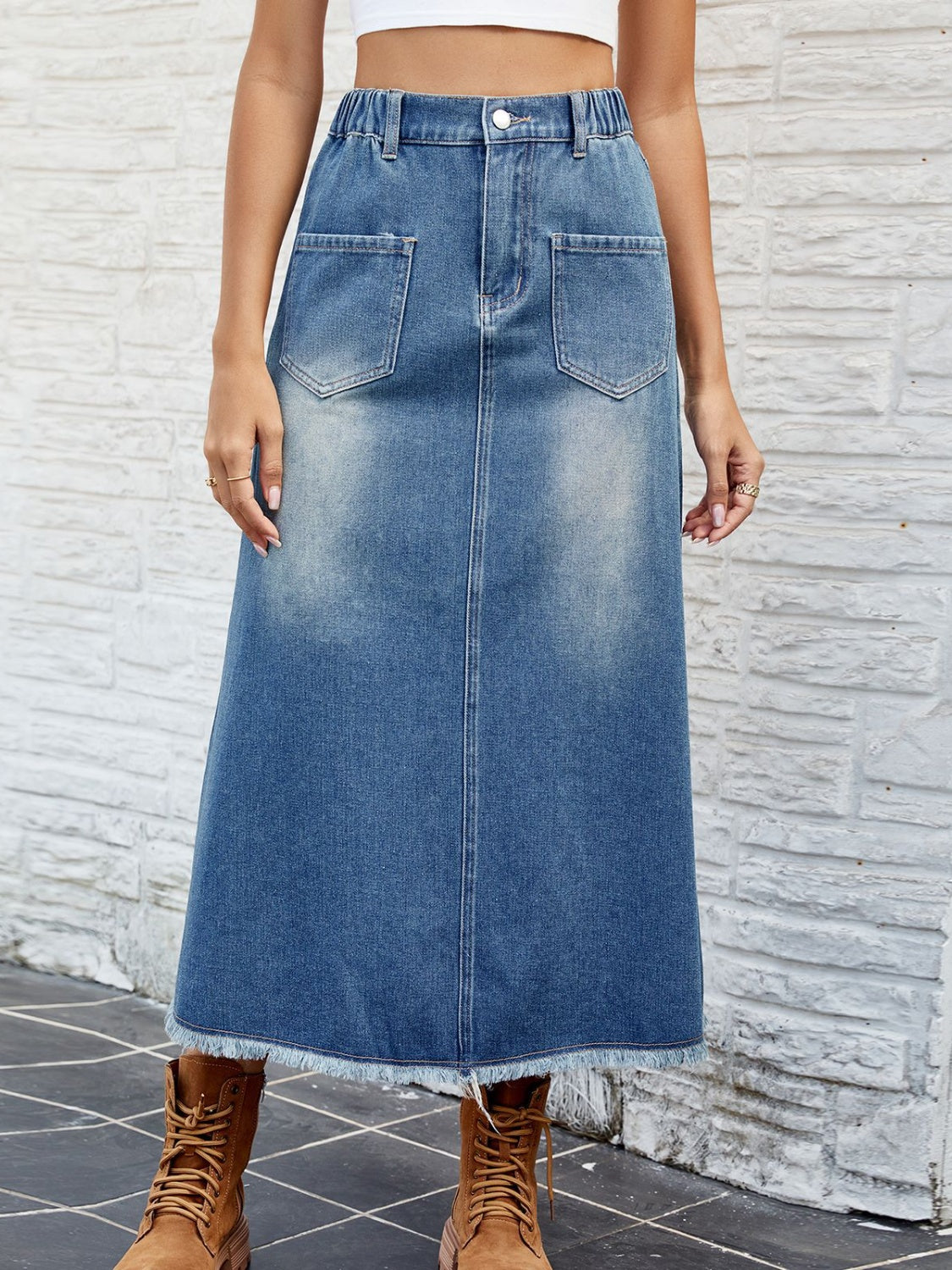 Raw Hem Buttoned Denim Skirt with Pockets-Teresa&#39;s Fashionista LLC