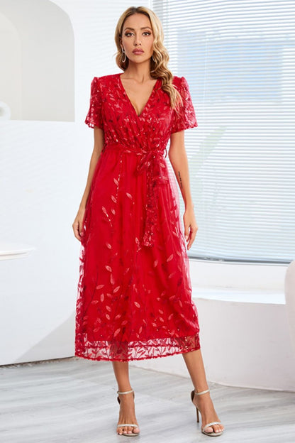 Sequin Leaf Embroidery Tie Front Short Sleeve Dress-Teresa&#39;s Fashionista LLC