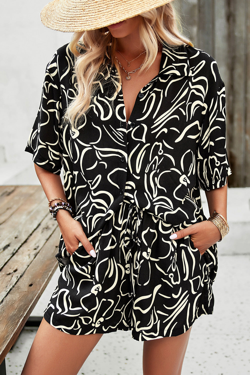 Printed Button Up Shirt and Shorts Set-Teresa&#39;s Fashionista LLC