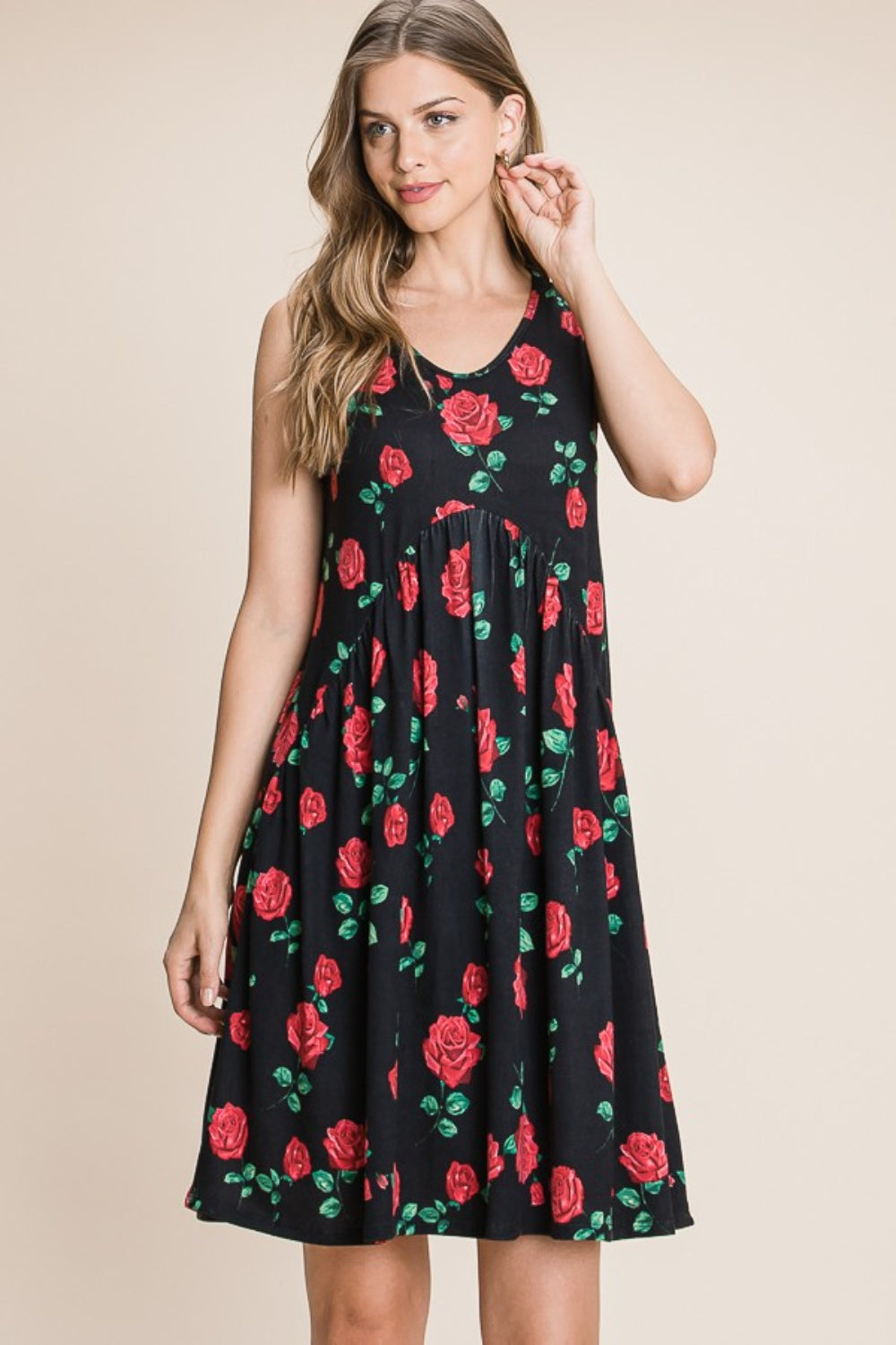 BOMBOM Floral Ruched Tank Dress-Teresa&#39;s Fashionista LLC