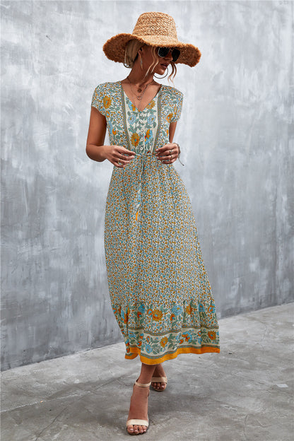 V-Neck Short Sleeve Printed Maxi Dress-Teresa&#39;s Fashionista LLC