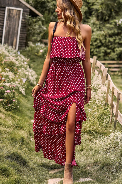 Polka Dot Strapless Slit Ruffled Maxi Dress-Teresa&#39;s Fashionista LLC