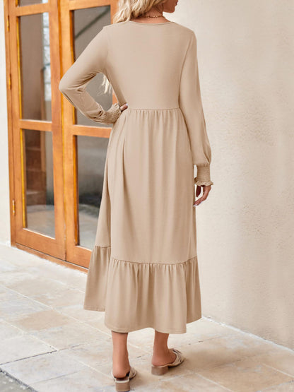 Round Neck Lantern Sleeve Ruffle Hem Dress-Teresa&#39;s Fashionista LLC