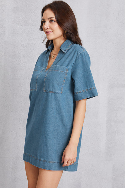 Pocketed Collared Neck Mini Denim Dress-Teresa&#39;s Fashionista LLC