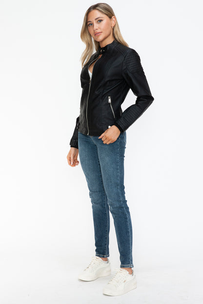 Snobbish Faux Leather Biker Jacket with Side Zip Pockets