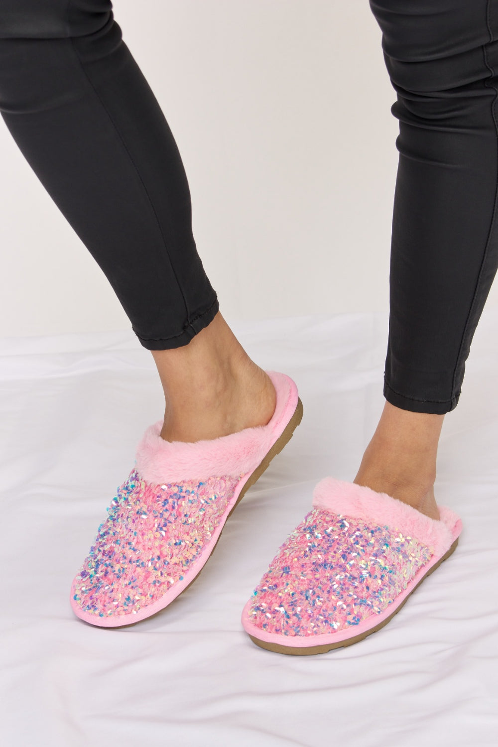 Forever Link Sequin Plush Round Toe Slippers-Teresa&#39;s Fashionista LLC