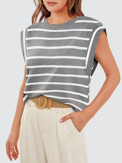 Striped Round Neck Cap Sleeve T-Shirt-Teresa&#39;s Fashionista LLC