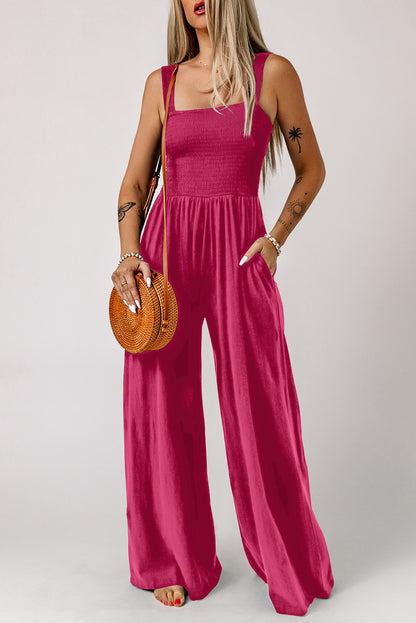 Smocked Square Neck Wide Leg Jumpsuit with Pockets-Teresa&#39;s Fashionista LLC