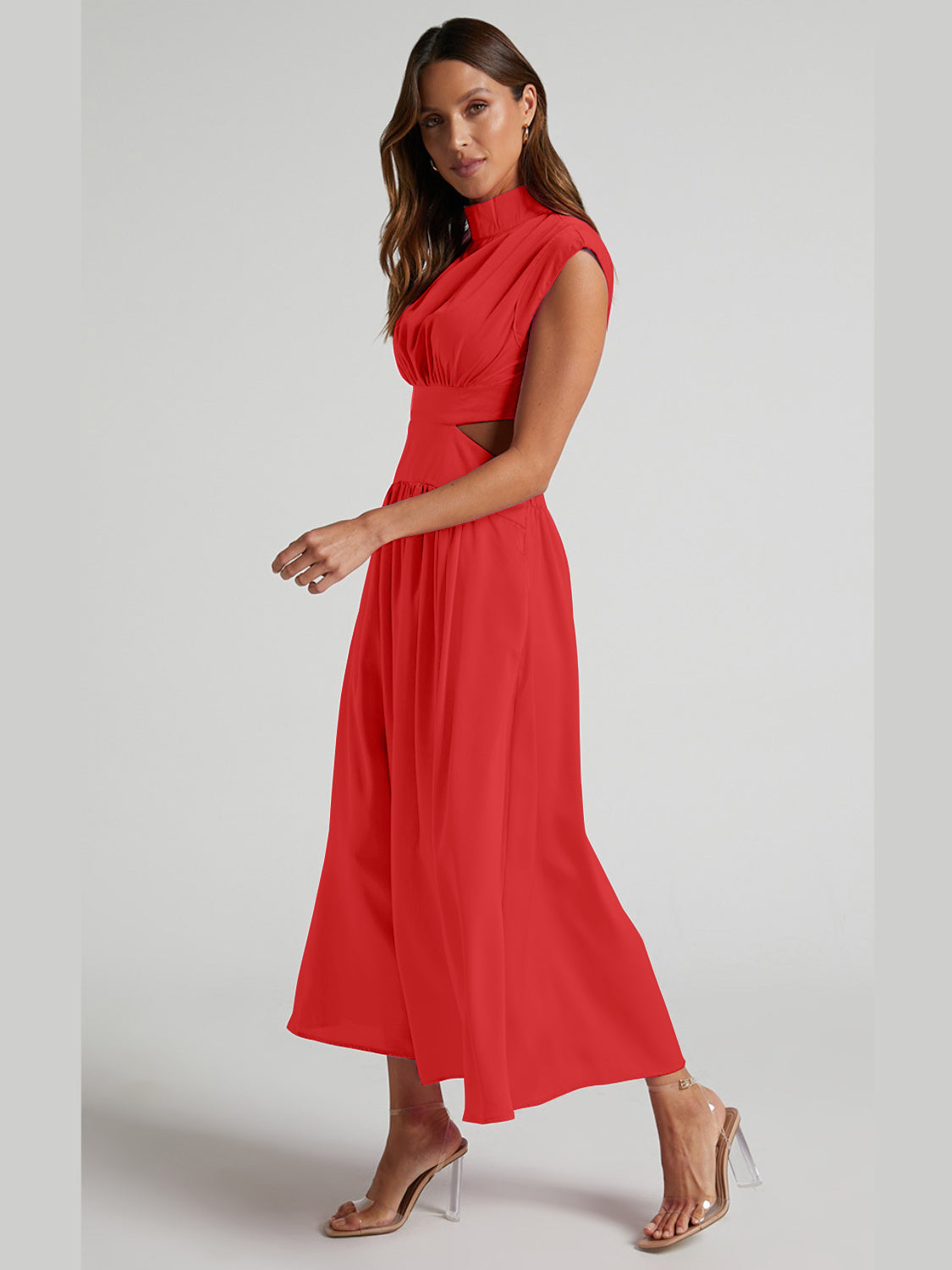 Cutout Mock Neck Sleeveless Ruched Dress-Teresa&#39;s Fashionista LLC