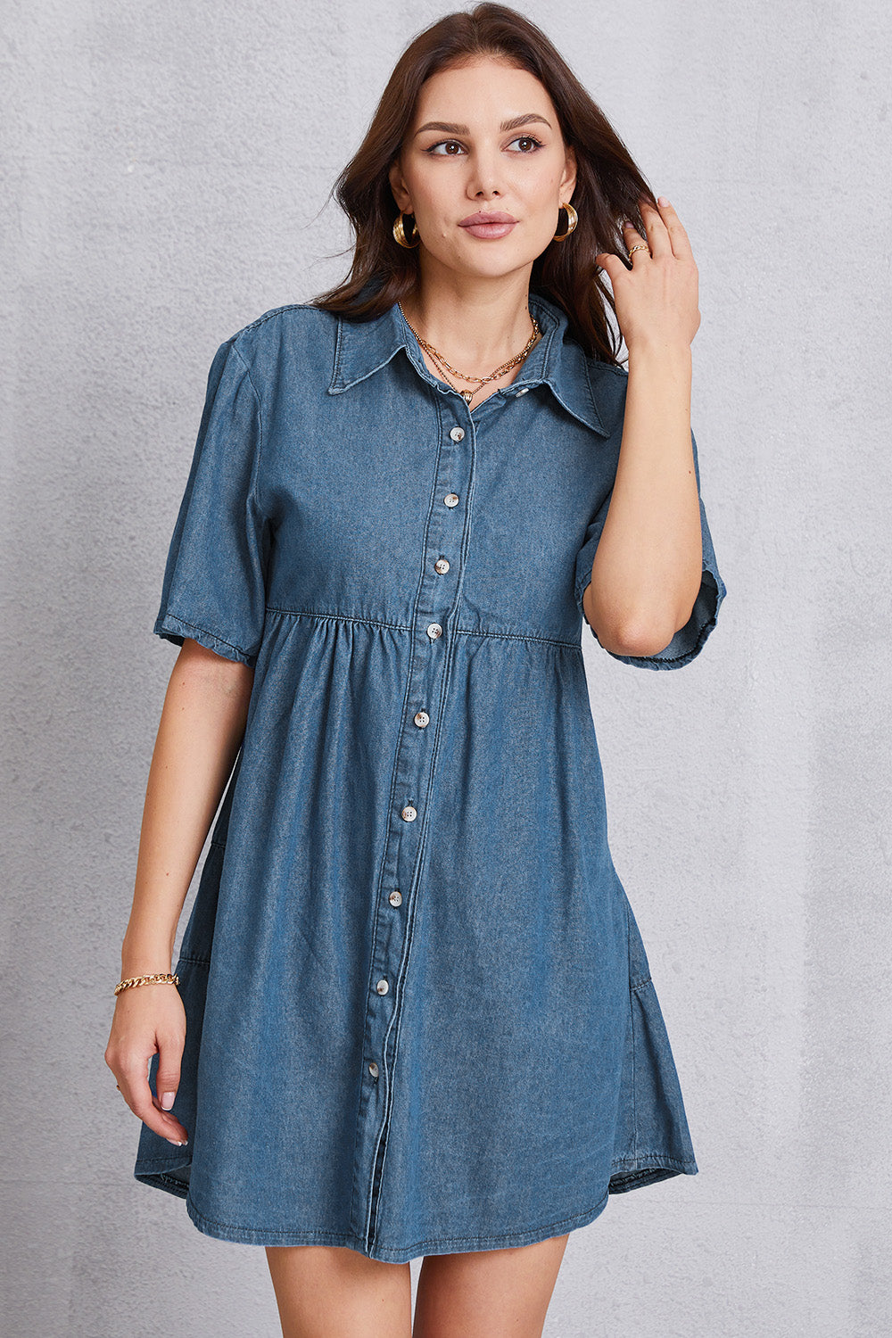 Button Up Collared Neck Tiered Denim Dress-Teresa&#39;s Fashionista LLC