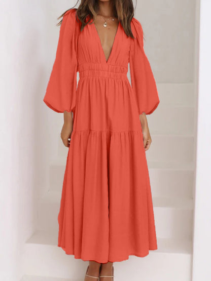 Deep V-Neck Balloon Sleeve Plain Maxi Dress-Teresa&#39;s Fashionista LLC