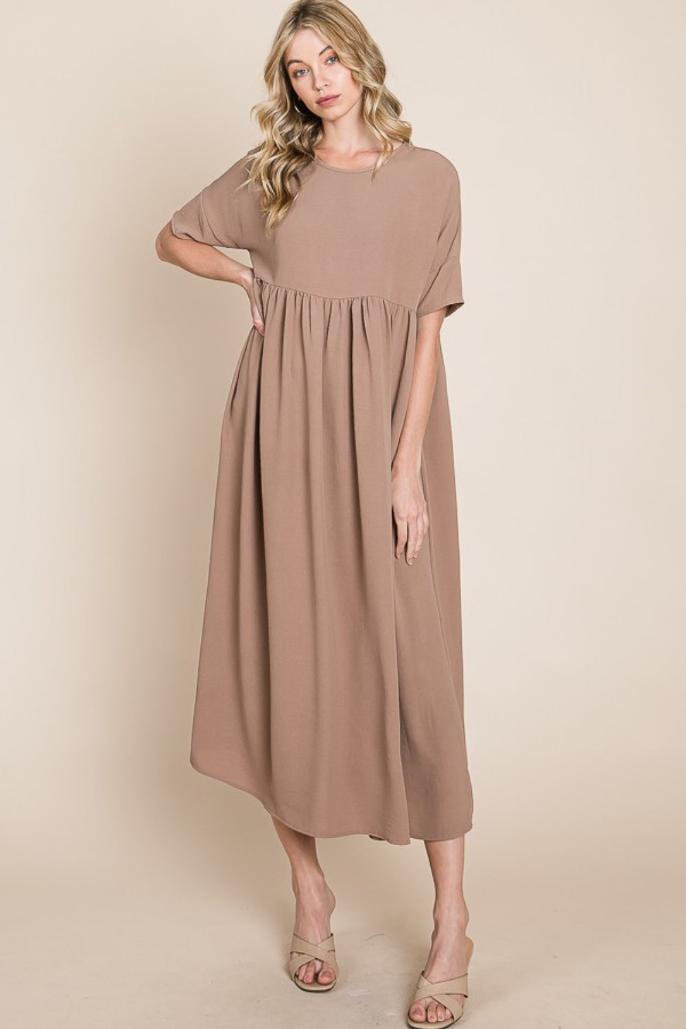 BOMBOM Round Neck Ruched Midi Dress-Teresa&#39;s Fashionista LLC