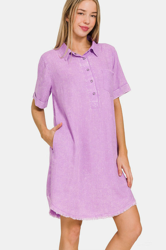 Zenana Washed Linen Raw Hem Dress with Pockets-Teresa&#39;s Fashionista LLC