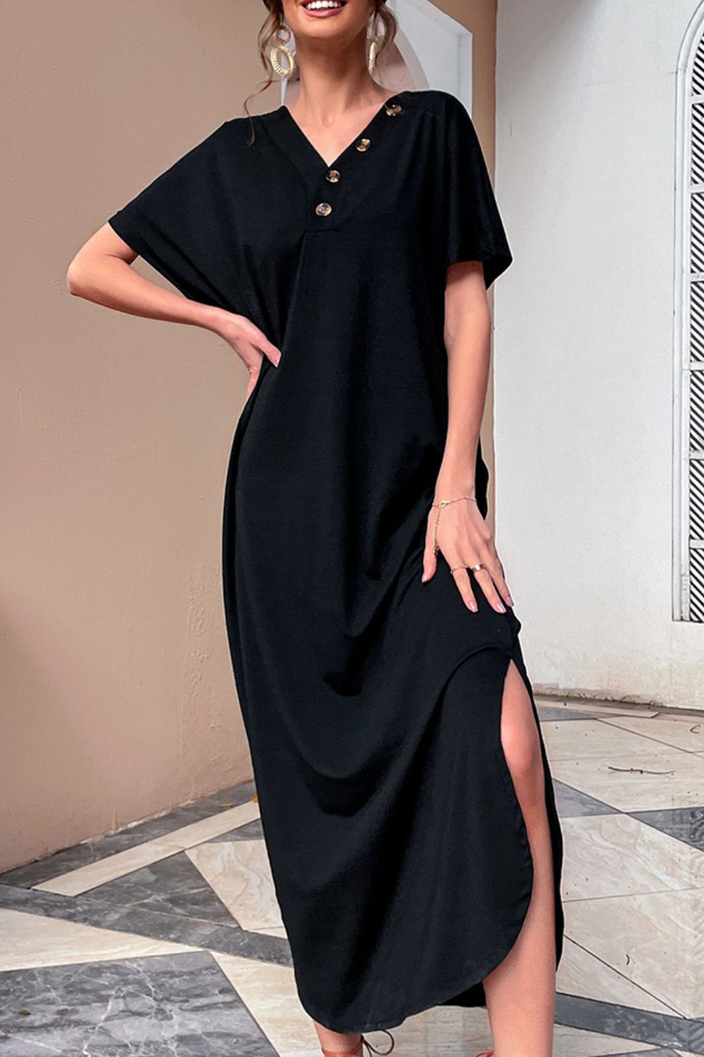 Decorative Button V-Neck Slit Maxi Dress-Teresa&#39;s Fashionista LLC