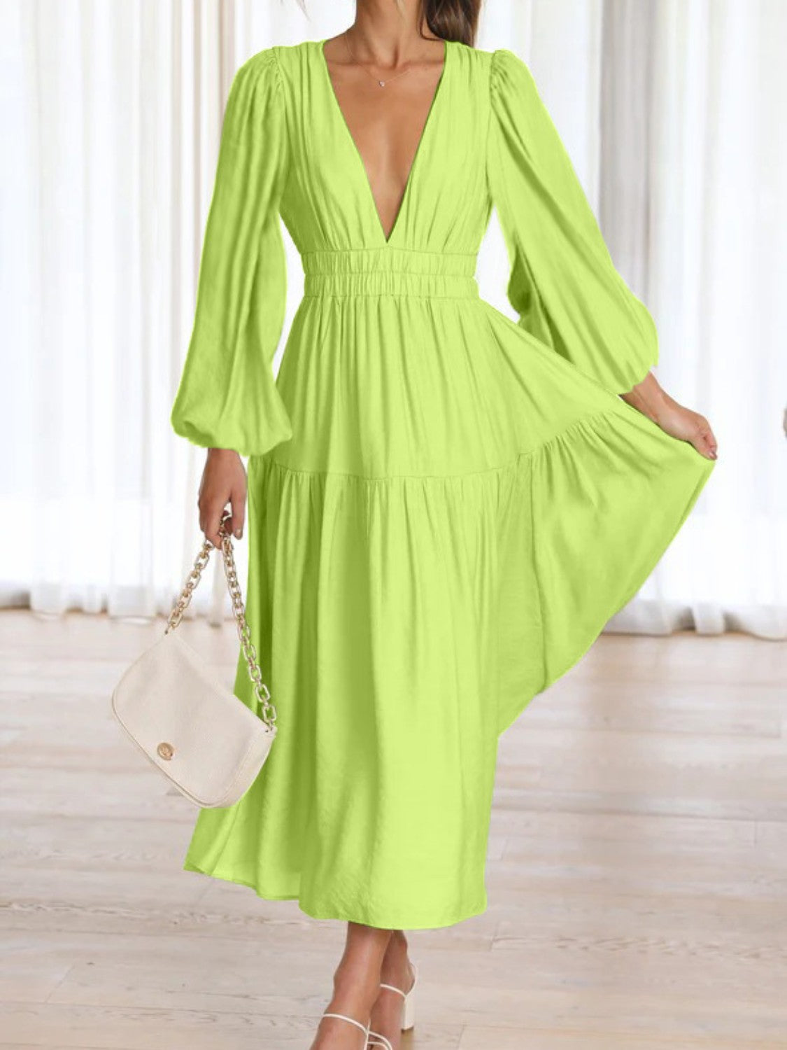 Deep V-Neck Balloon Sleeve Plain Maxi Dress-Teresa&#39;s Fashionista LLC