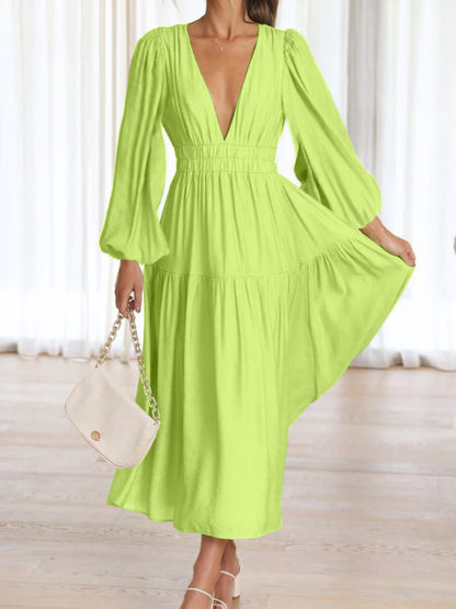 Deep V-Neck Balloon Sleeve Plain Maxi Dress-Teresa&#39;s Fashionista LLC