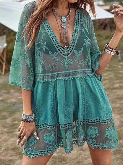 Lace Detail Plunge Cover-Up Dress-Teresa&#39;s Fashionista LLC