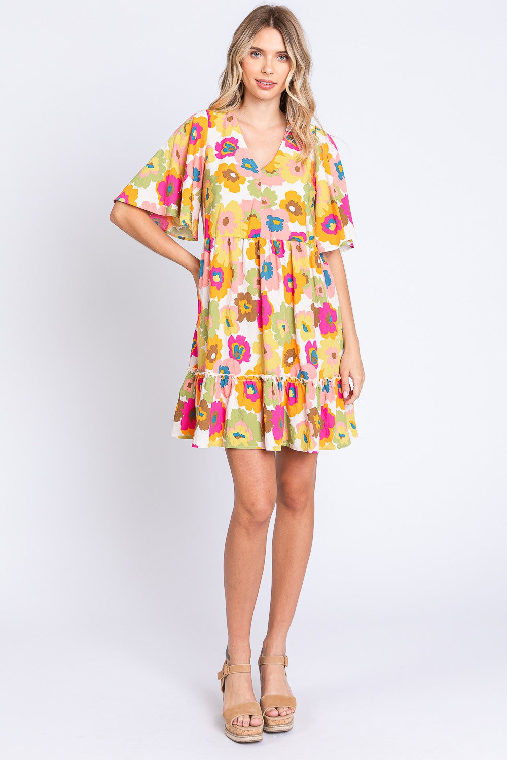 GeeGee Floral V-Neck Ruffle Hem Mini Dress-Teresa&#39;s Fashionista LLC