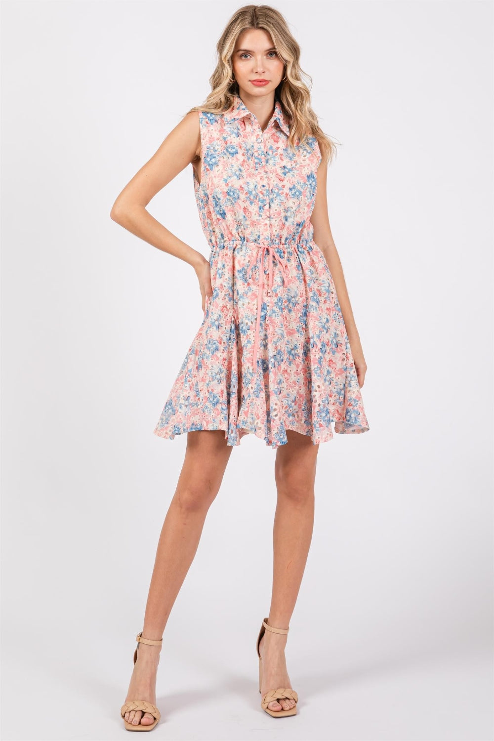 GeeGee Full Size Floral Eyelet Sleeveless Mini Dress-Teresa&#39;s Fashionista LLC