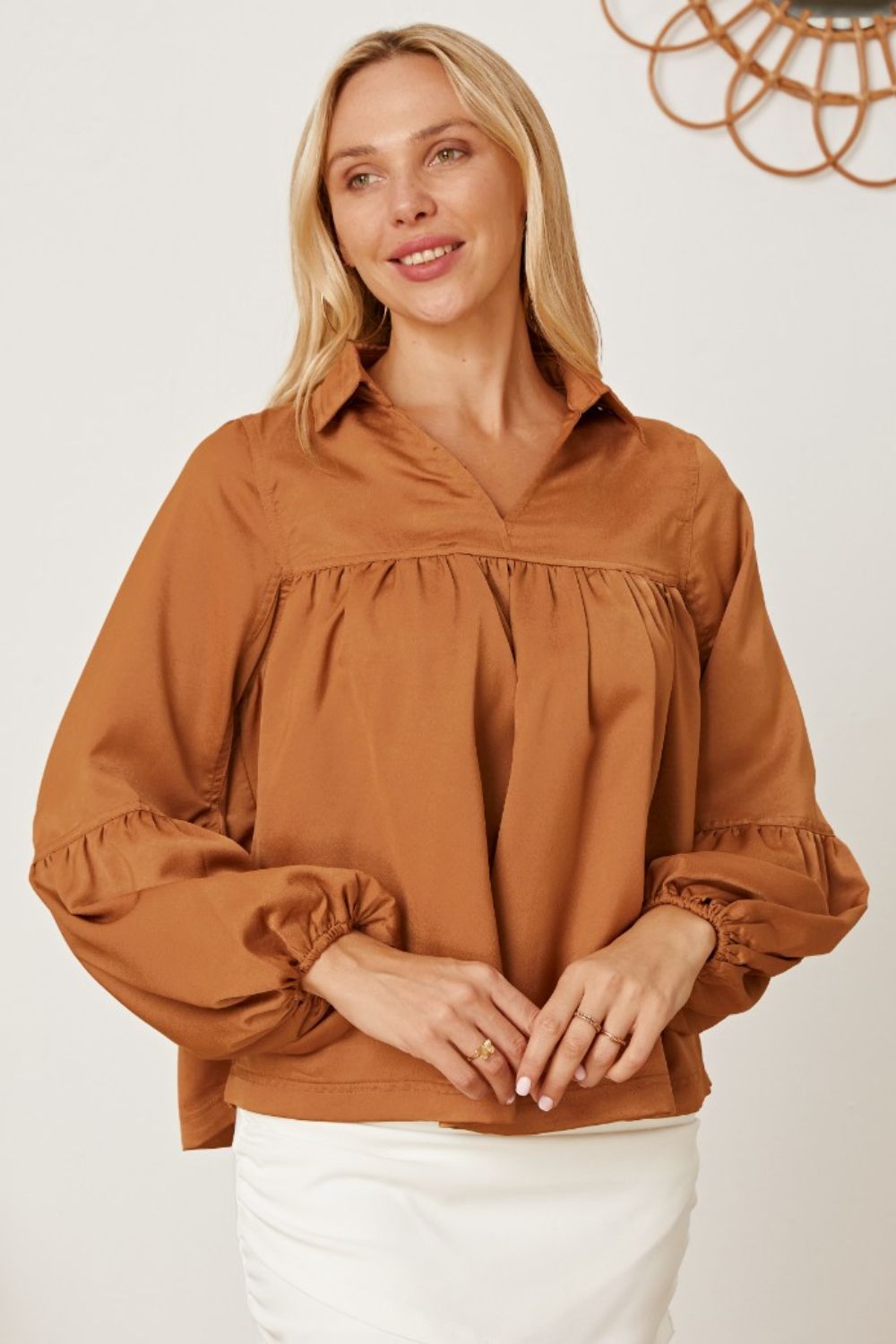 Balloon Sleeve Collared Neck Blouse-Teresa&#39;s Fashionista LLC