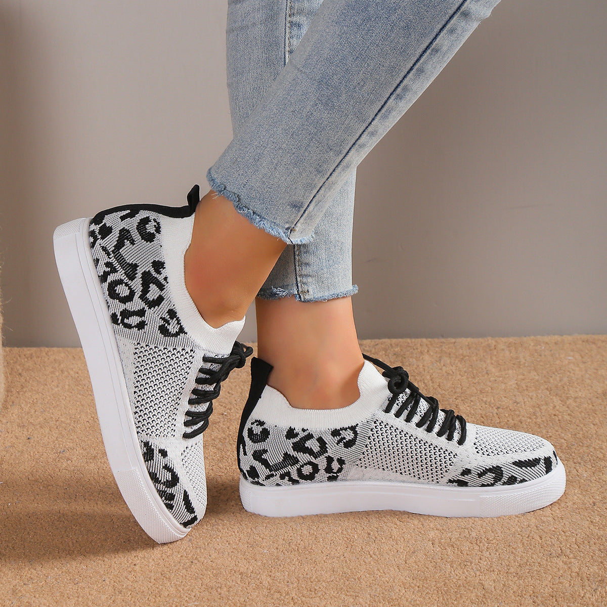 Lace-Up Leopard Flat Sneakers-Teresa&#39;s Fashionista LLC