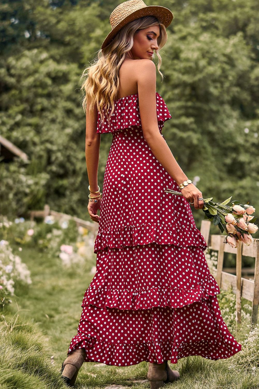 Polka Dot Strapless Slit Ruffled Maxi Dress-Teresa&#39;s Fashionista LLC