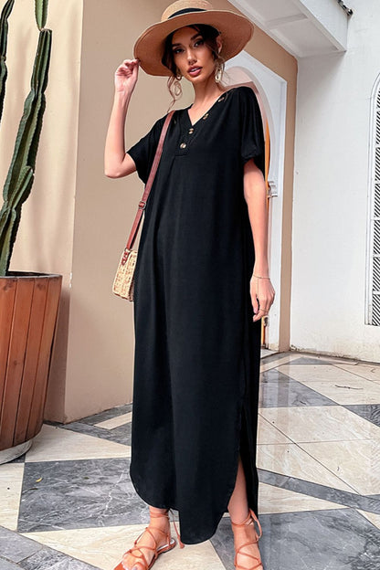 Decorative Button V-Neck Slit Maxi Dress-Teresa&#39;s Fashionista LLC