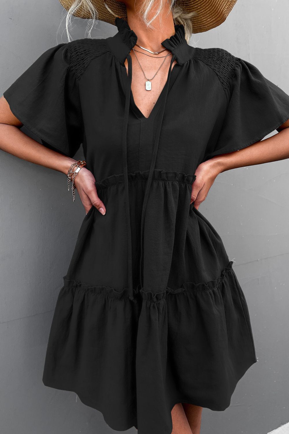 Frill Trim Smocked Tie Neck Dress-Teresa&#39;s Fashionista LLC