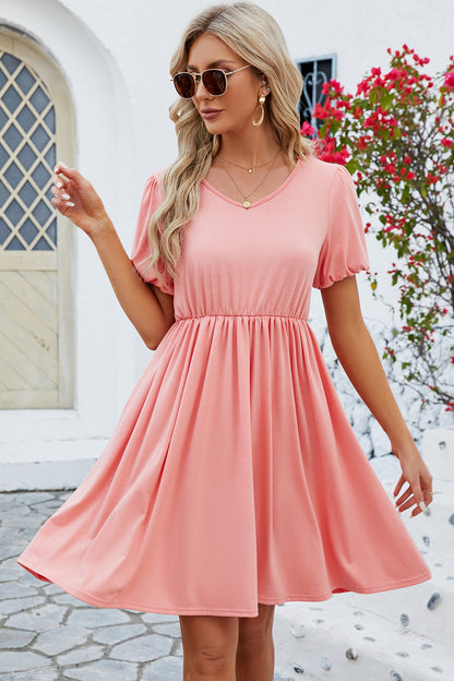 V-Neck Balloon Short Sleeve Dress-Teresa&#39;s Fashionista LLC