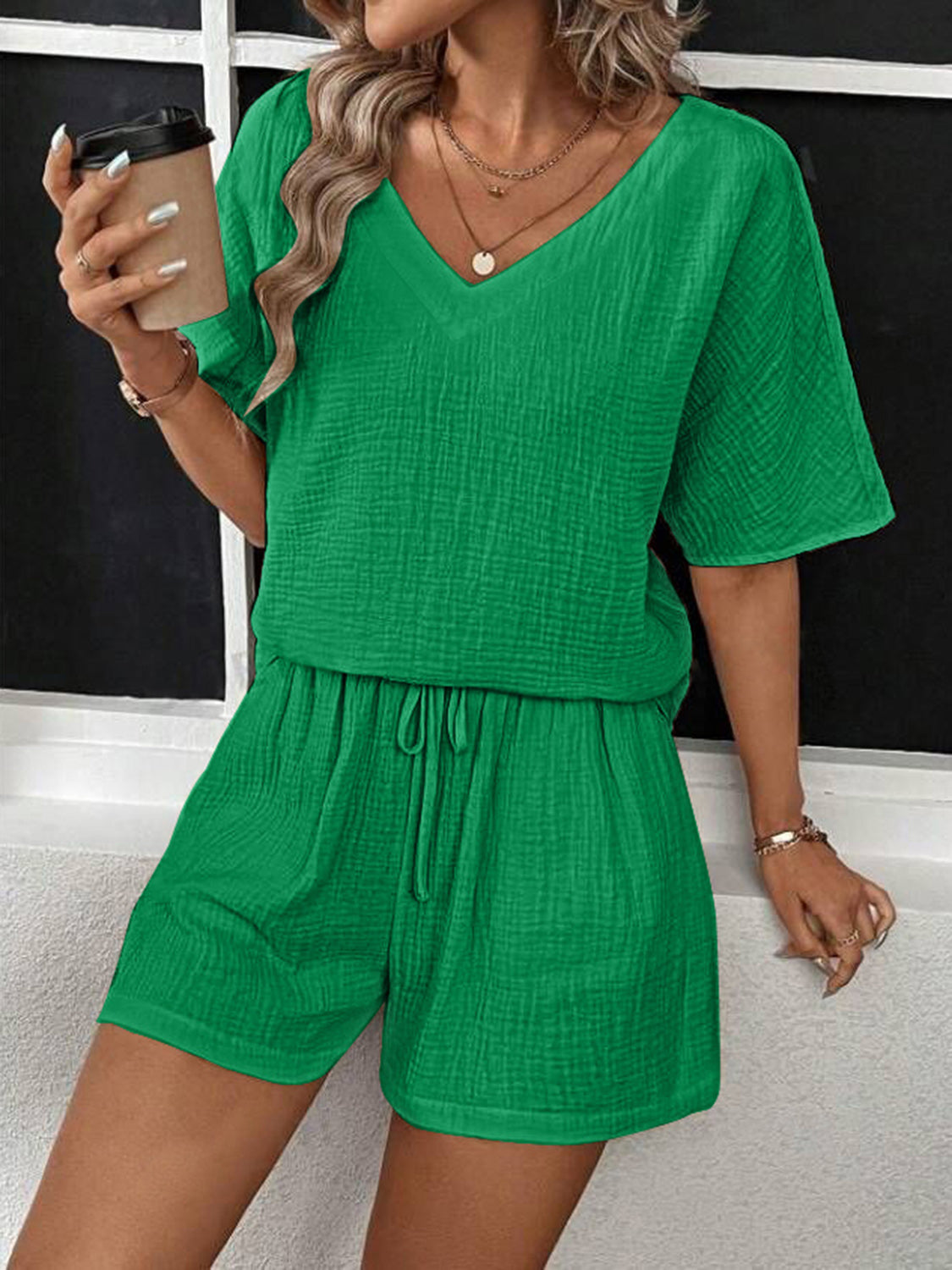 V-Neck Half Sleeve Top and Shorts Set-Teresa&#39;s Fashionista LLC