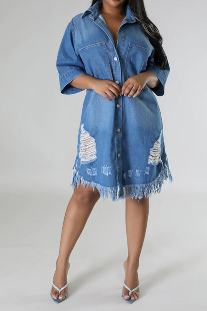 Distressed Raw Hem Button Up Denim Dress-Teresa&#39;s Fashionista LLC