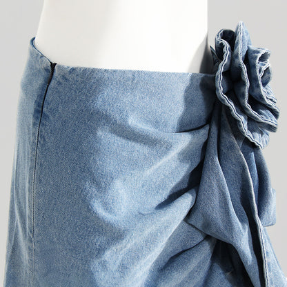 Flower Trim Ruched Denim Skirt-Teresa&#39;s Fashionista LLC