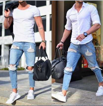 European And American Men's Skinny Jeans Light Color Hole Skinny Pants-Teresa&#39;s Fashionista LLC