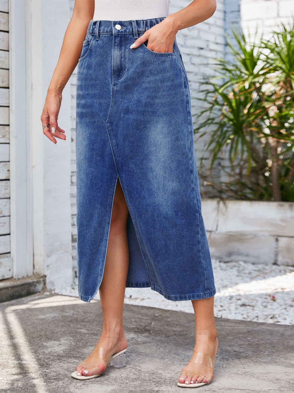 Slit Midi Denim Skirt with Pockets-Teresa&#39;s Fashionista LLC