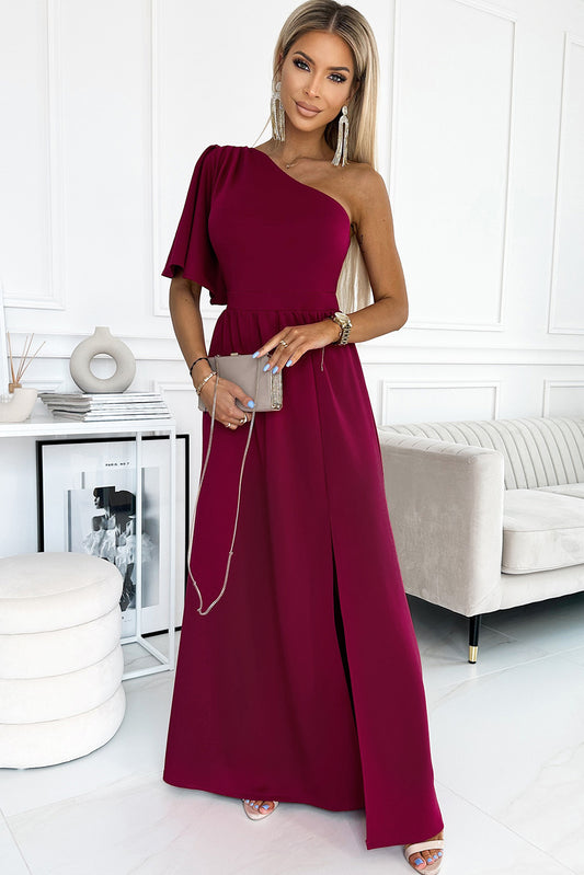 One shoulder Flutter sleeves Slit Dress-Teresa&#39;s Fashionista LLC