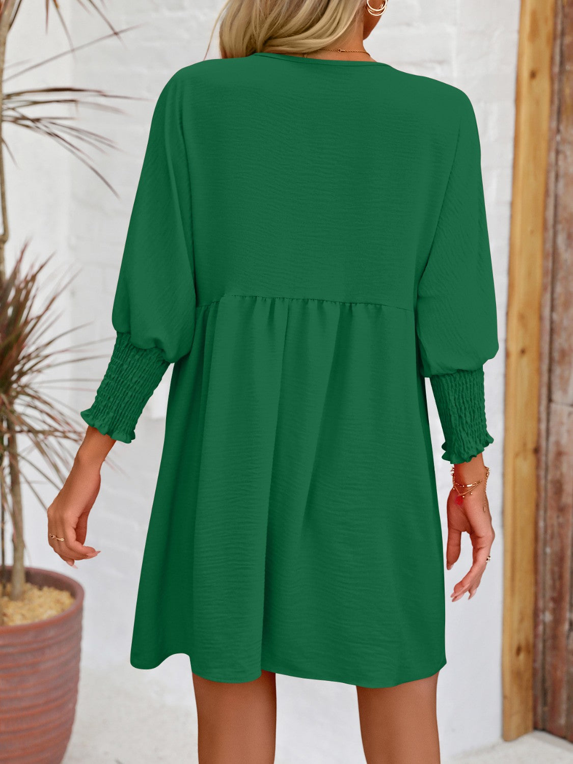 Round Neck Lantern Sleeve Mini Dress-Teresa&#39;s Fashionista LLC