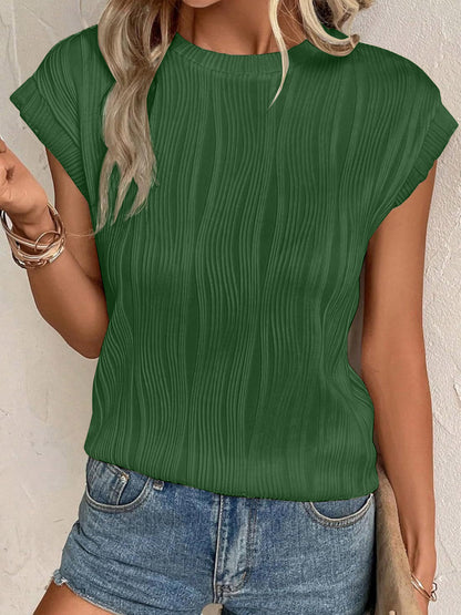 Textured Round Neck Cap Sleeve T-Shirt-Teresa&#39;s Fashionista LLC