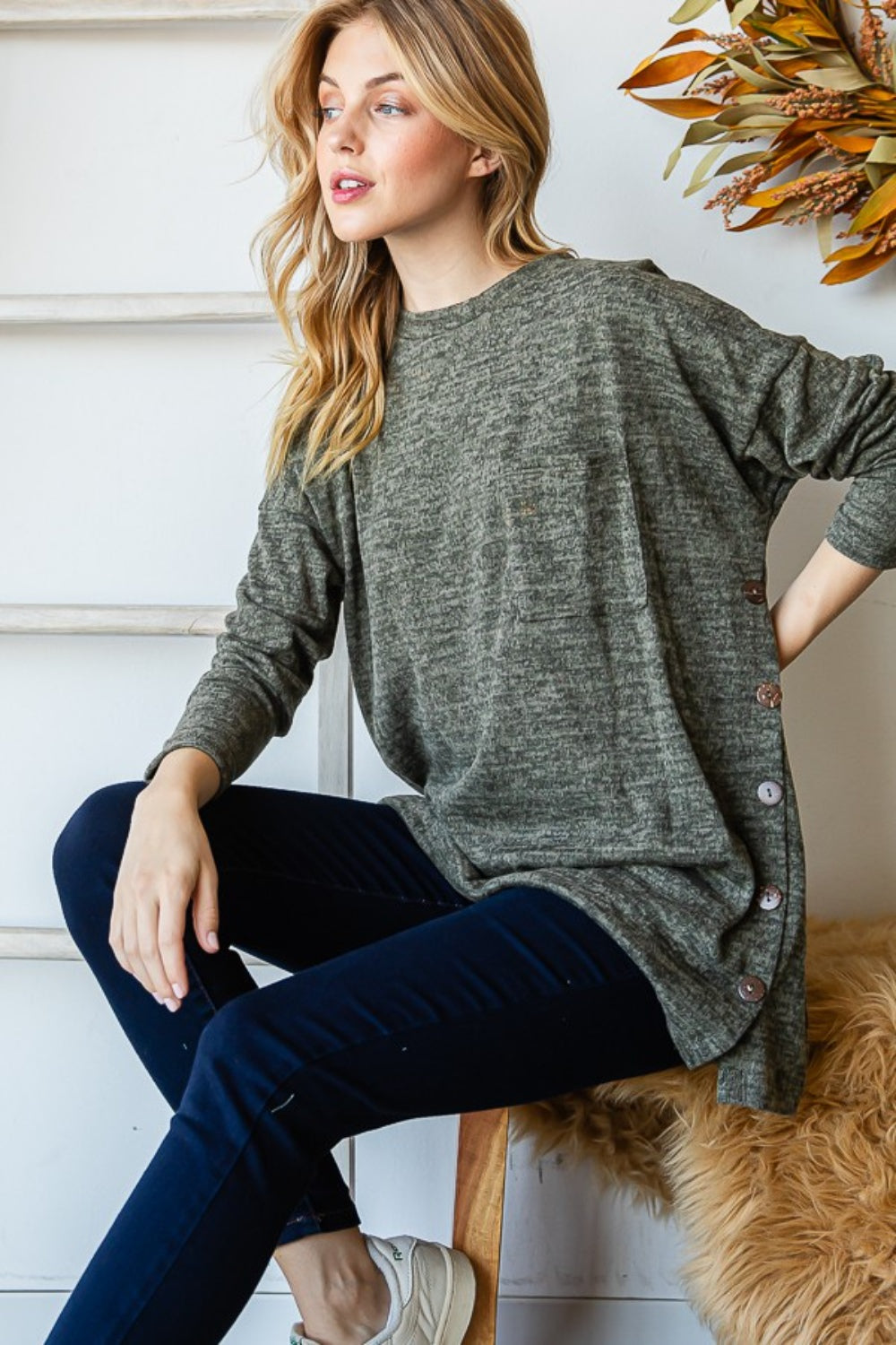 Reborn J Button Side Round Neck Long Sleeve T-Shirt-Teresa&#39;s Fashionista LLC