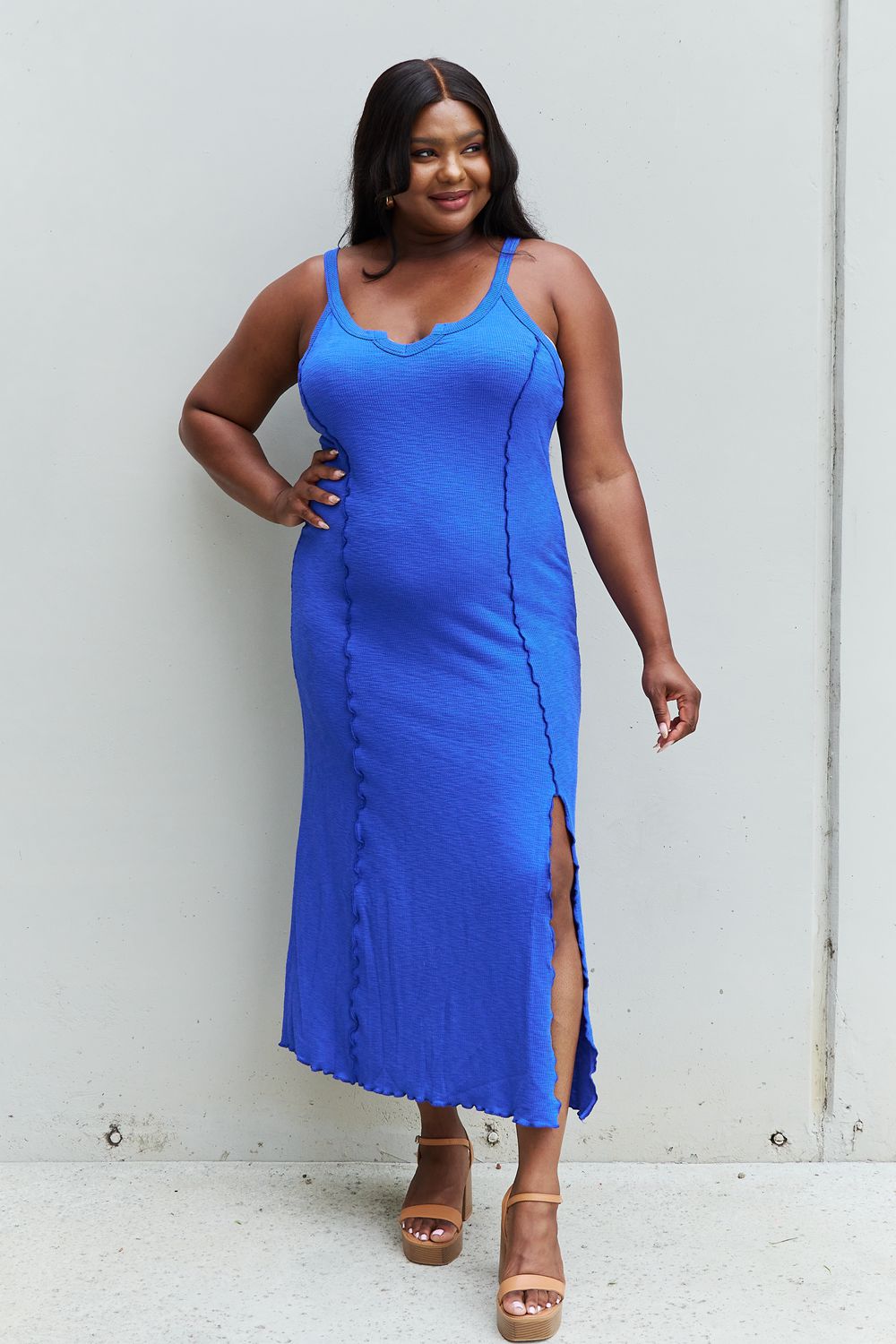 Culture Code Look At Me Full Size Notch Neck Maxi Dress with Slit in Cobalt Blue-Teresa&#39;s Fashionista LLC