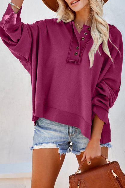 Quarter-Button Exposed Seam Dropped Shoulder Hoodie-Teresa&#39;s Fashionista LLC