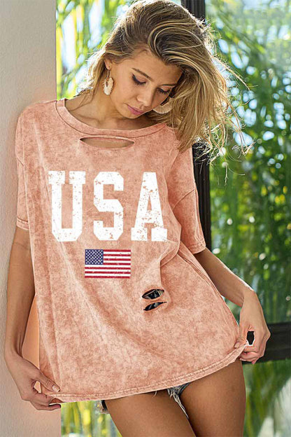 BiBi Washed American Flag Graphic Distressed T-Shirt-Teresa&#39;s Fashionista LLC