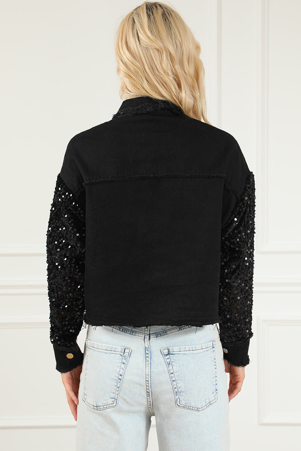 Sequin Button Up Raw Hem Denim Jacket-Teresa&#39;s Fashionista LLC