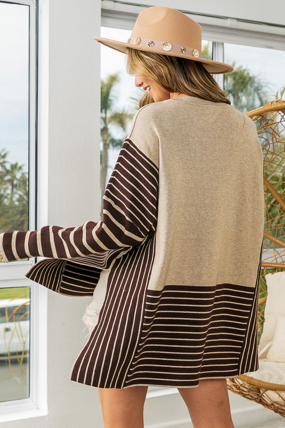 BiBi Striped Contrast Long Sleeve Slit Top-Teresa&#39;s Fashionista LLC