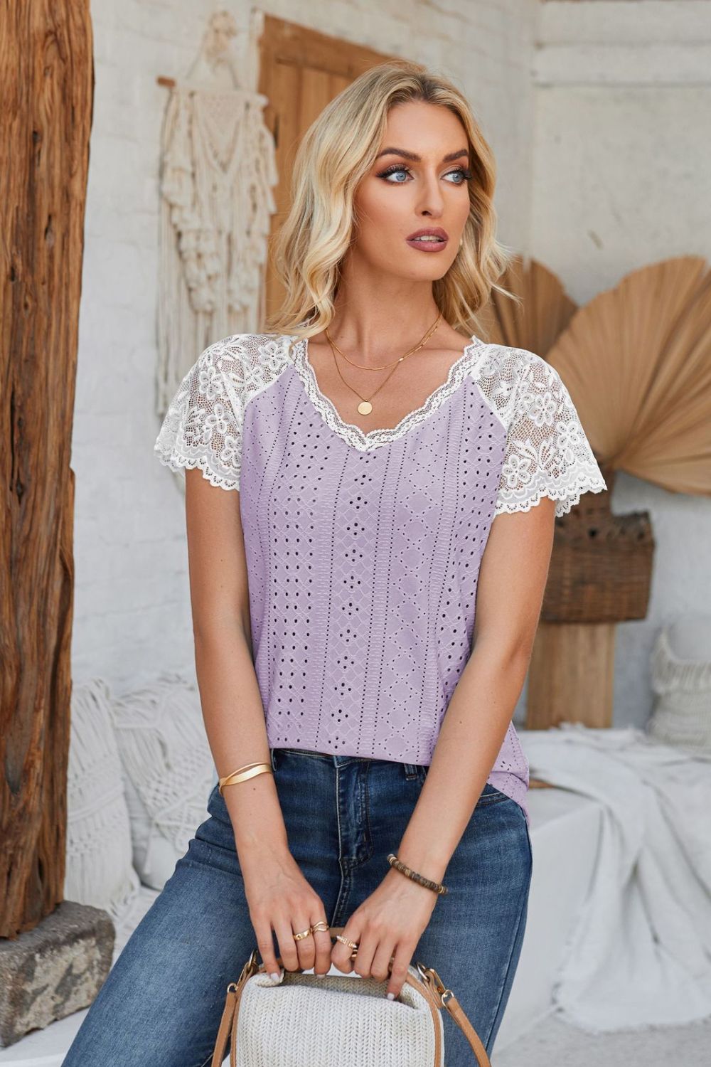 Eyelet V-Neck Lace Short Sleeve T-Shirt-Teresa&#39;s Fashionista LLC