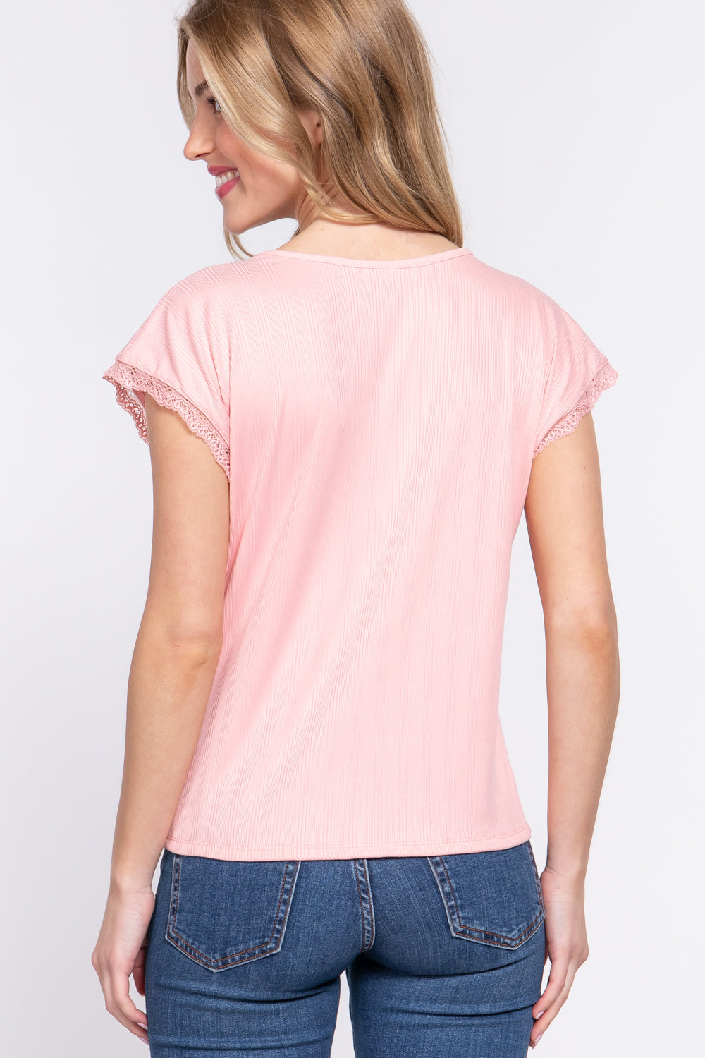 ACTIVE BASIC Lace Trim V-Neck Short Sleeve Ribbed Top-Teresa&#39;s Fashionista LLC