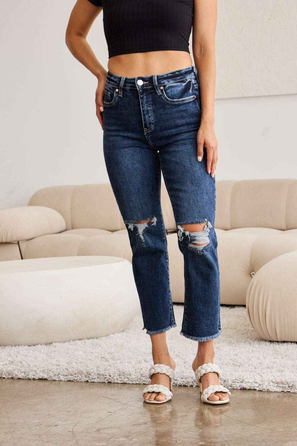 RFM Crop Dylan Full Size Tummy Control Distressed High Waist Raw Hem Jeans-Teresa&#39;s Fashionista LLC