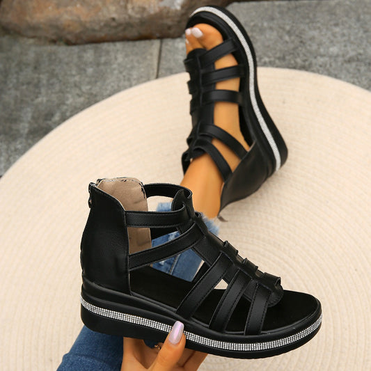 Cutout Rhinestone Trim Wedge Sandals-Teresa&#39;s Fashionista LLC